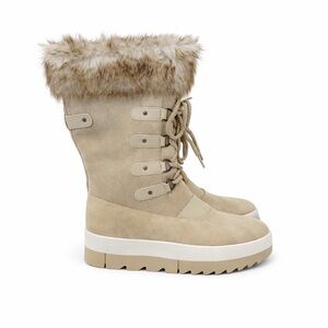 JustFab Faux Fur Lined Boots Sand Beige Platform Lace Up Sz 9 Cozy Winter Boots